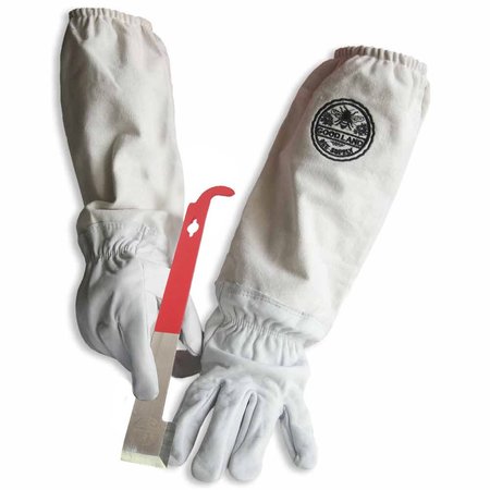 GOOD LAND BEE SUPPLY Natural Cotton and Sheepskin Beekeeping Gloves & J-Hook Hive Tool (X-Large) GL-GLV-JHK-XLG
